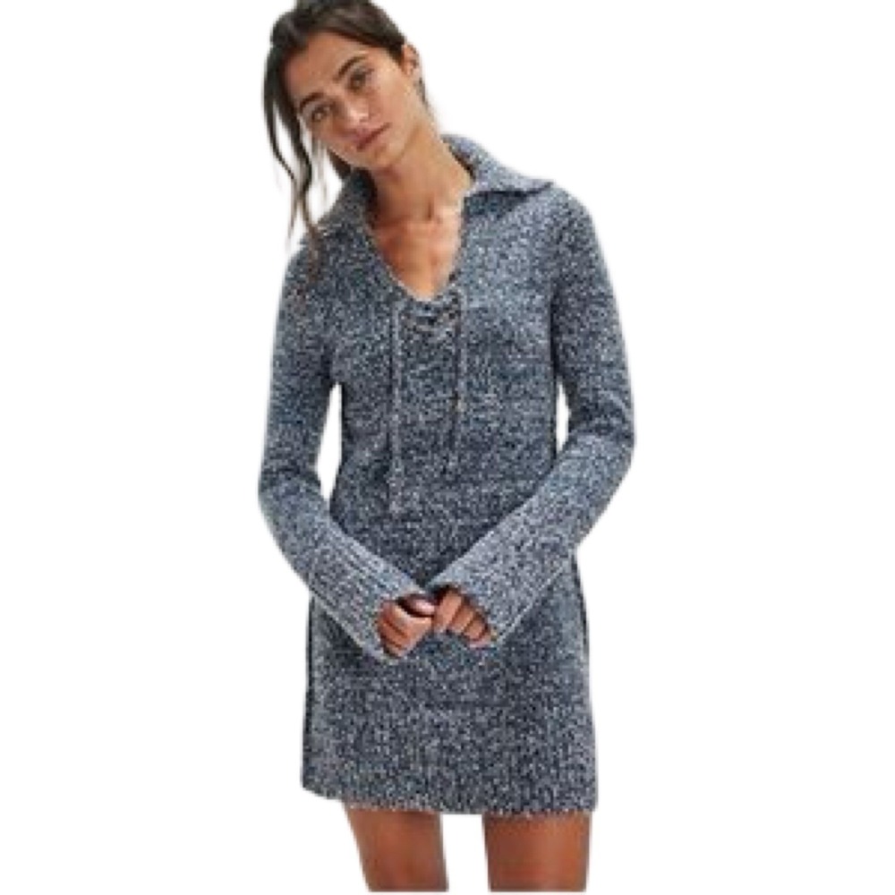 NWT FREE PEOPLE Knit Milena Mini Tie Sweater Dress Size Large L NAVY COMBO $168